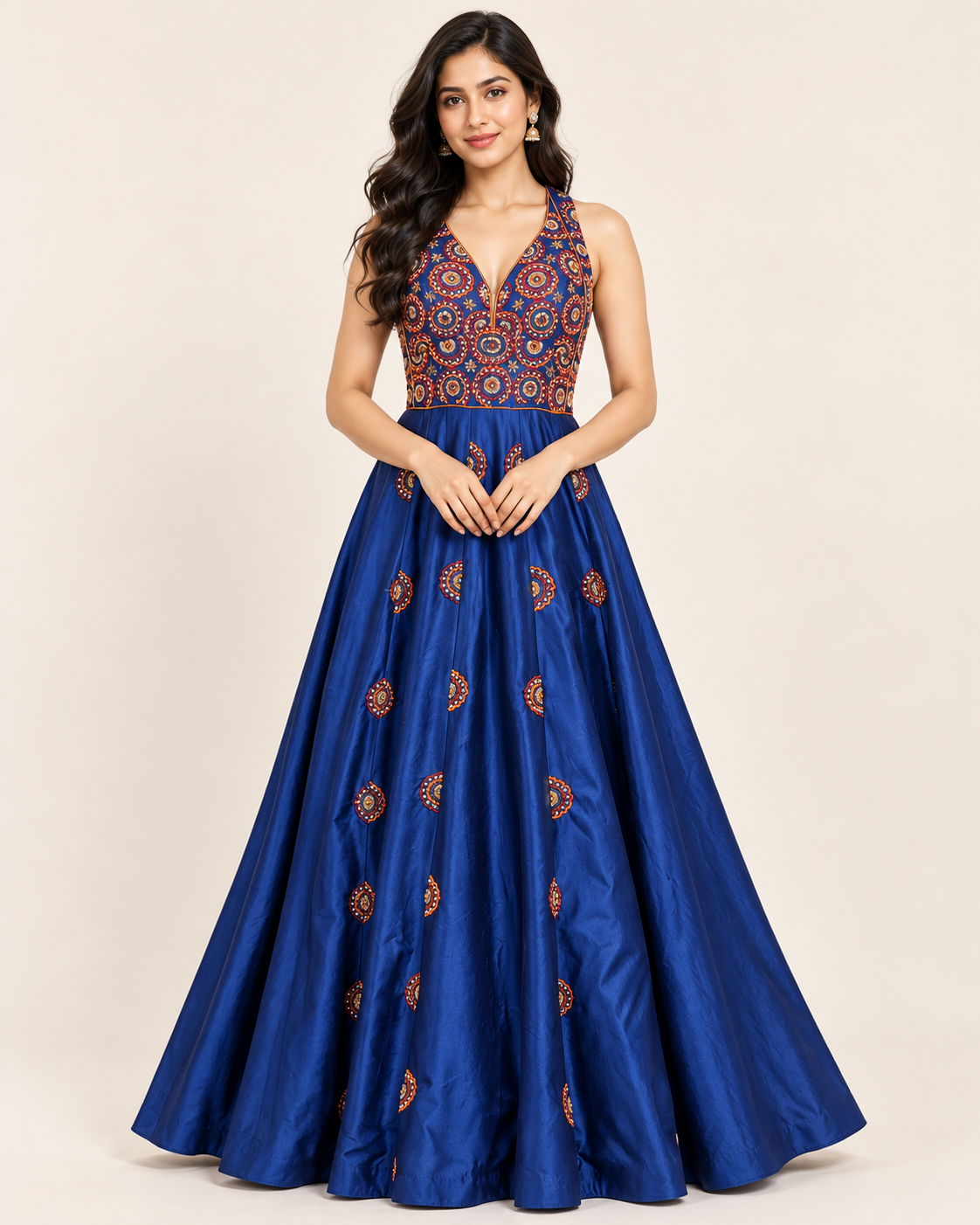 Royal Blue Silk Flared Anarkali Gown with Embroidered Mandala Yoke