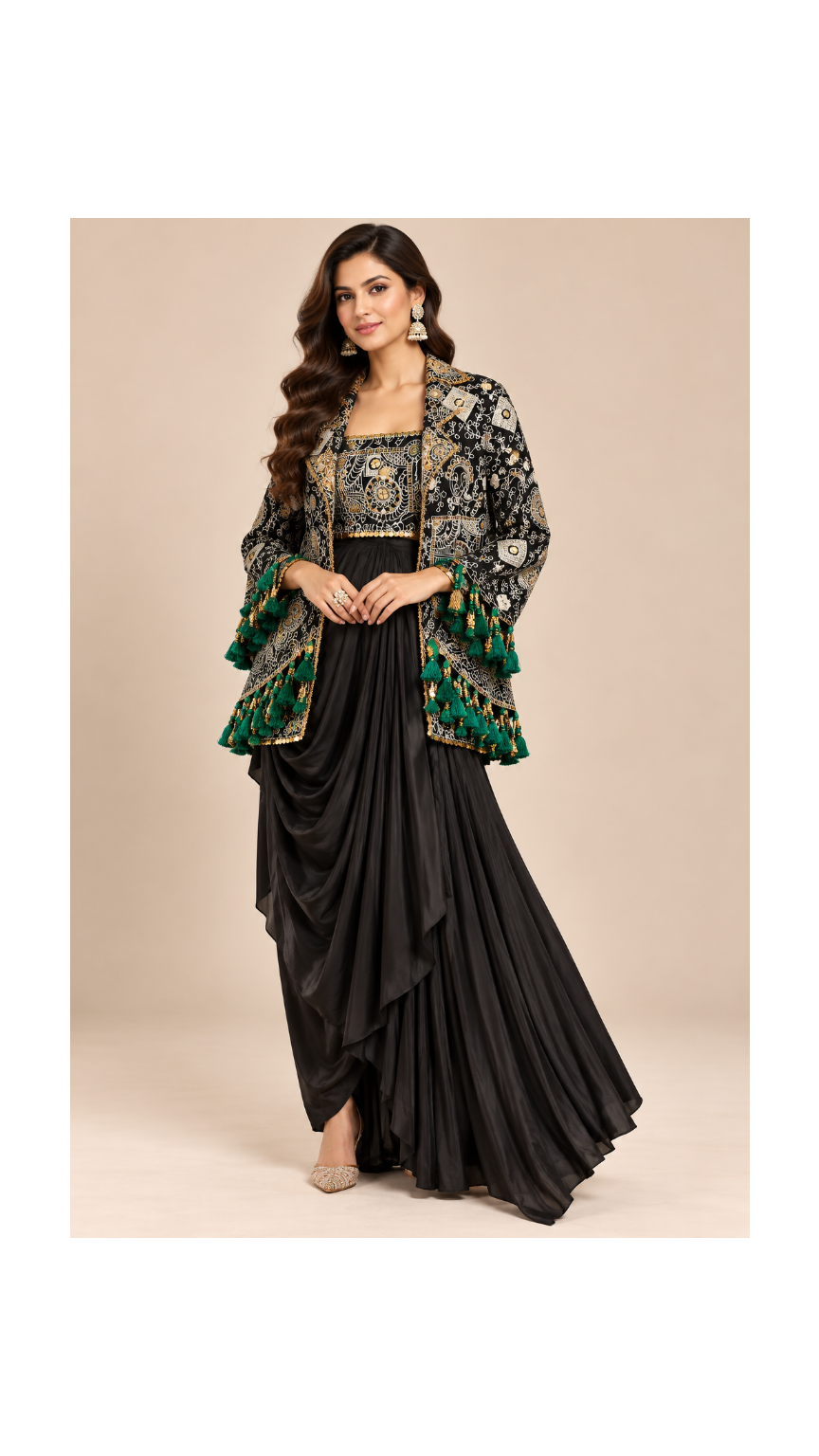 Black Embroidered Jacket Draped Dress Set Main image