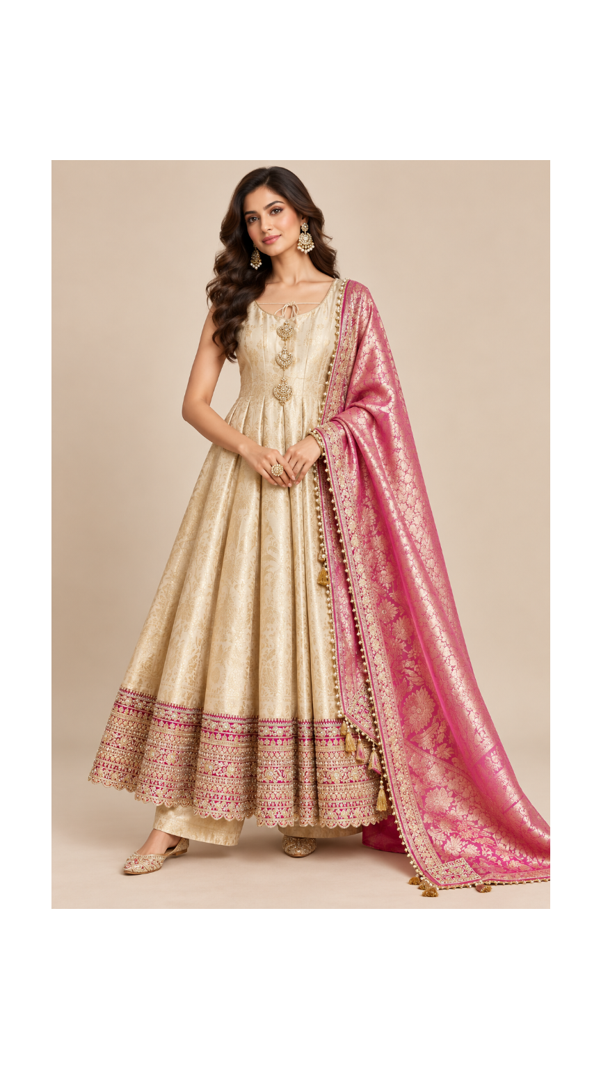 Champagne Gold Embroidered Anarkali Suit Set
