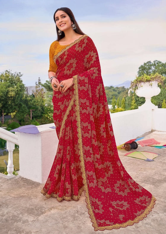 Ethereal Crimson Bandhani Georgette Saree Main image