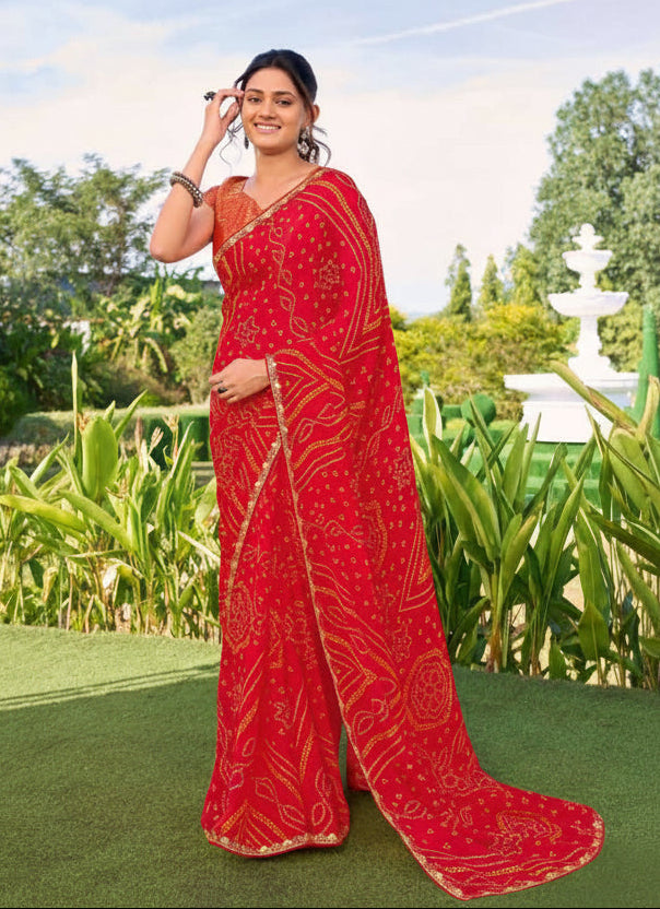 Vibrant Crimson Bandhani Saree Main image