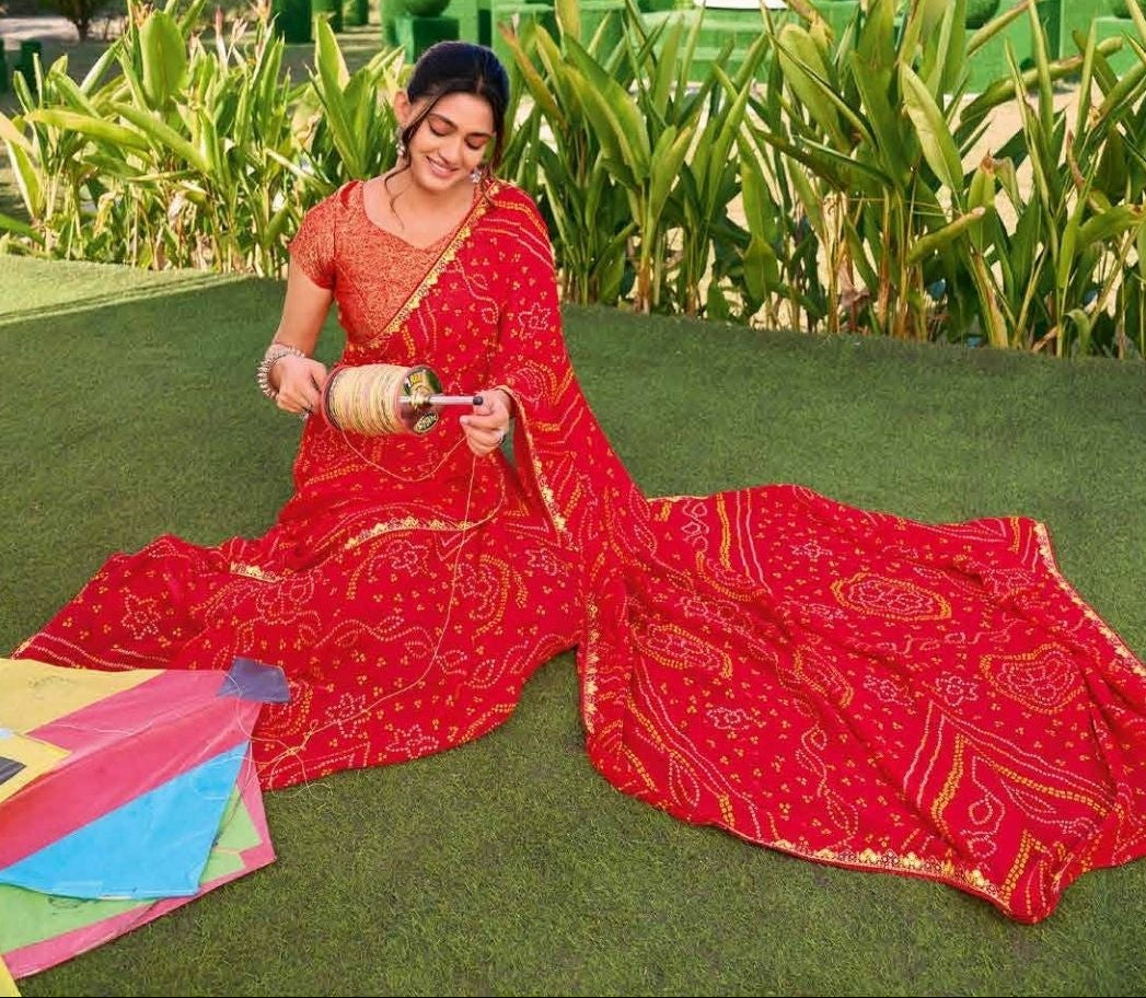Vibrant Crimson Bandhani Saree