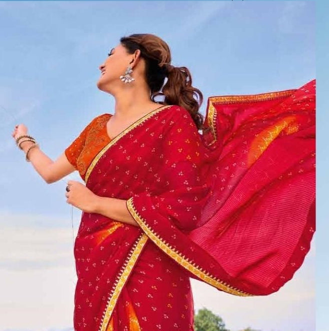 Red Georgette Saree with Sunburst Mandala Print