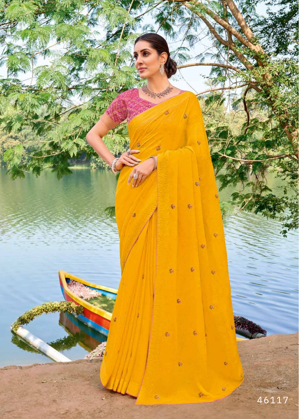 Vibrant Yellow Embroidered Georgette Saree Main image