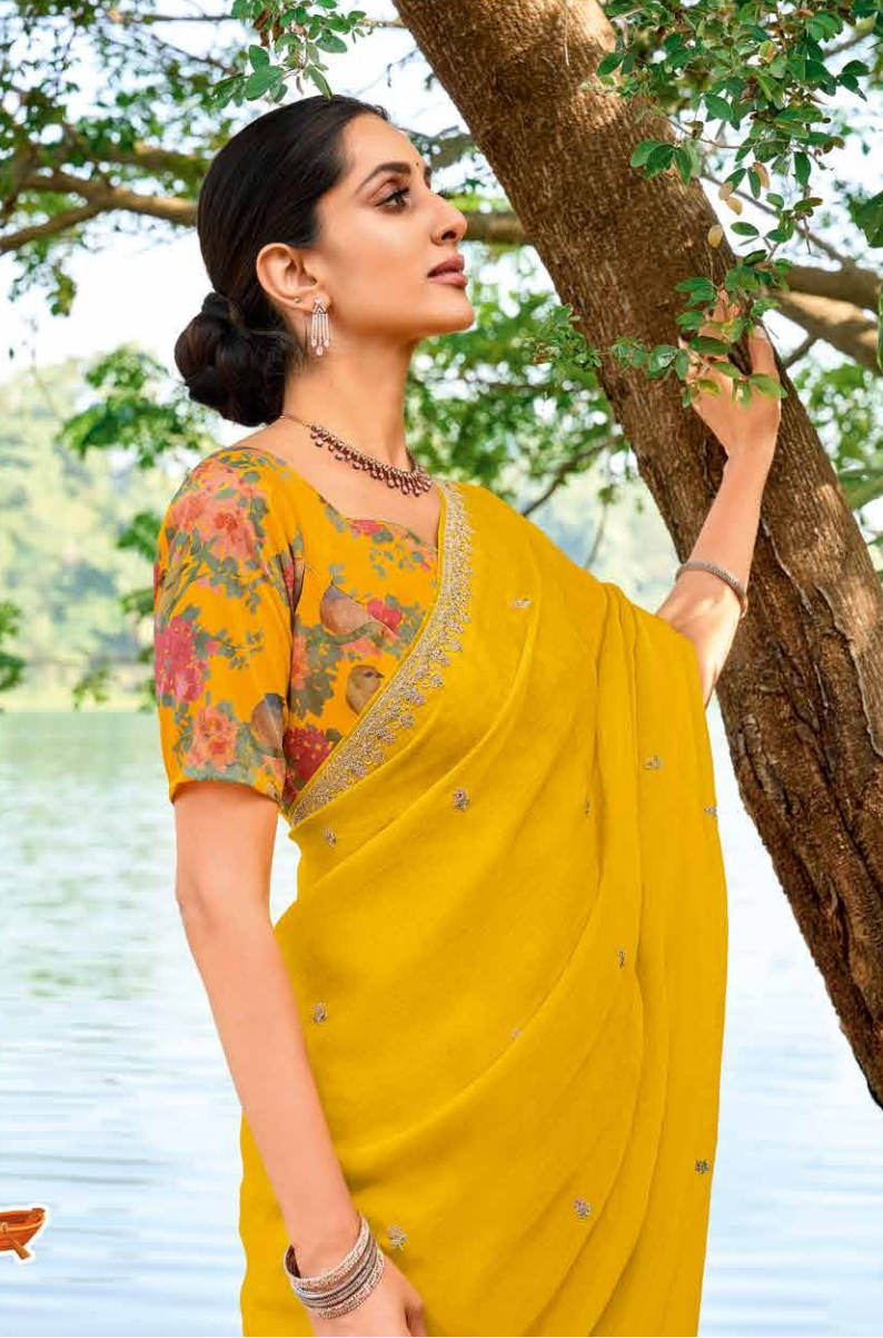Mustard Yellow Embroidered Georgette Saree Secondary image