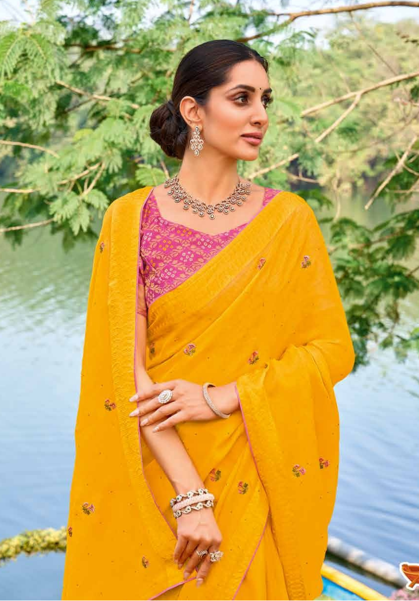 Vibrant Yellow Embroidered Georgette Saree Secondary image