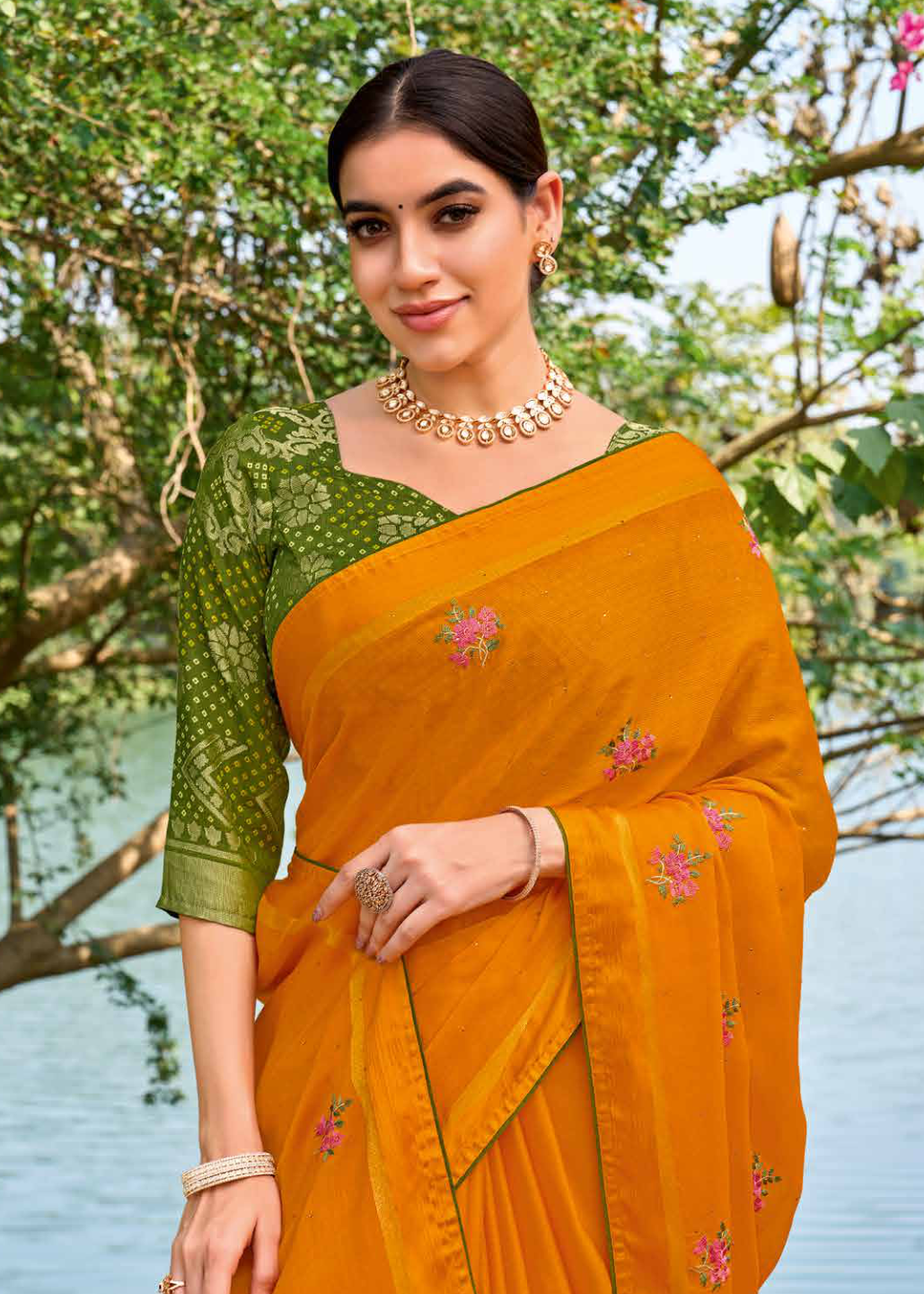 Radiant Mustard Georgette Saree Secondary image