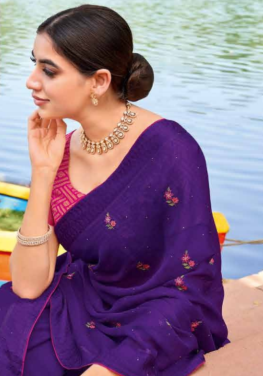 Regal Deep Purple Georgette Saree Secondary image
