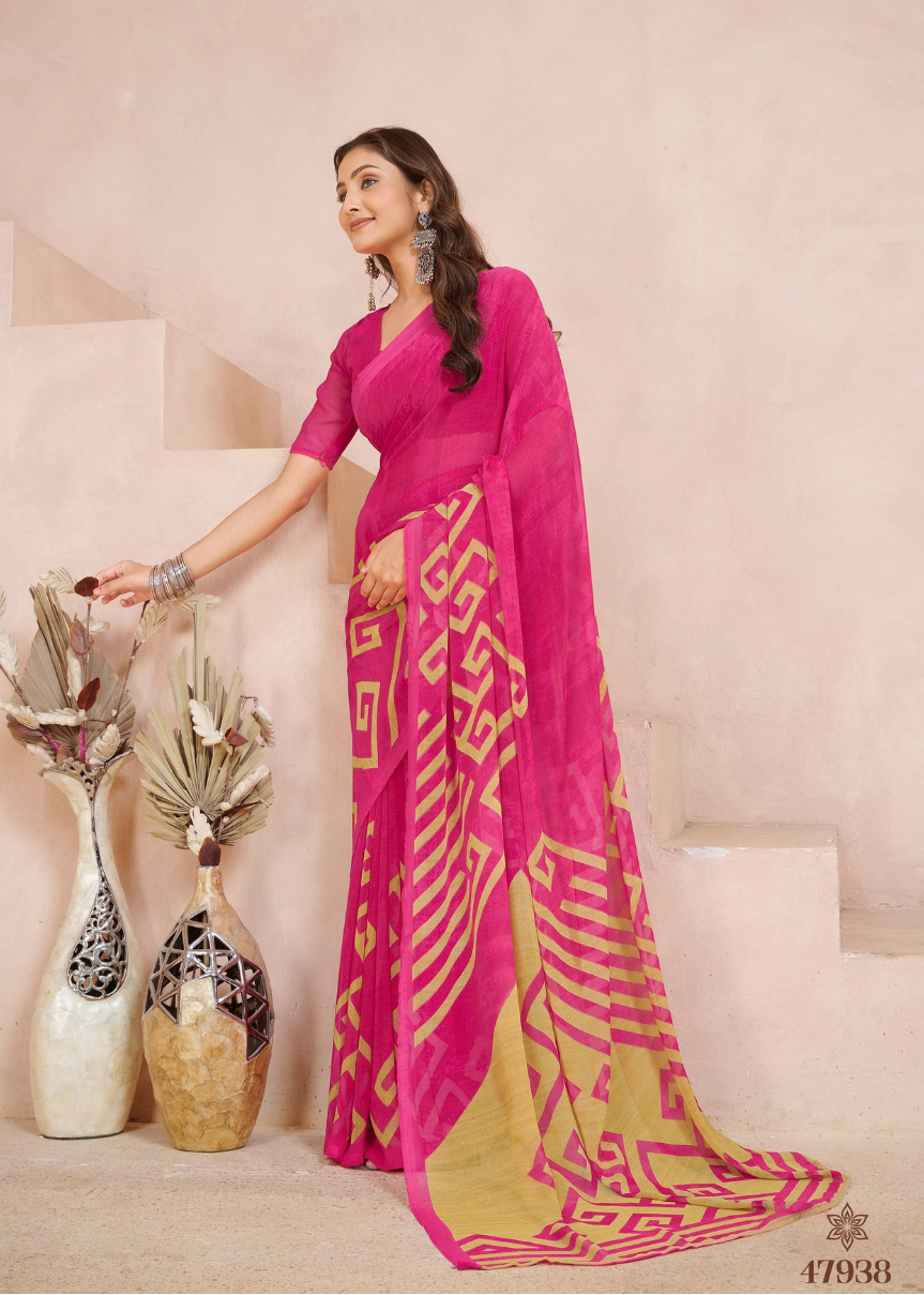 Pink Yellow Patterned Georgette Saree