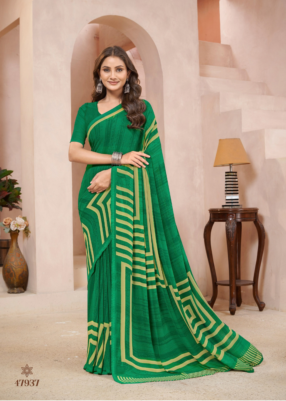 Green Geometrical patterned Georgette Saree