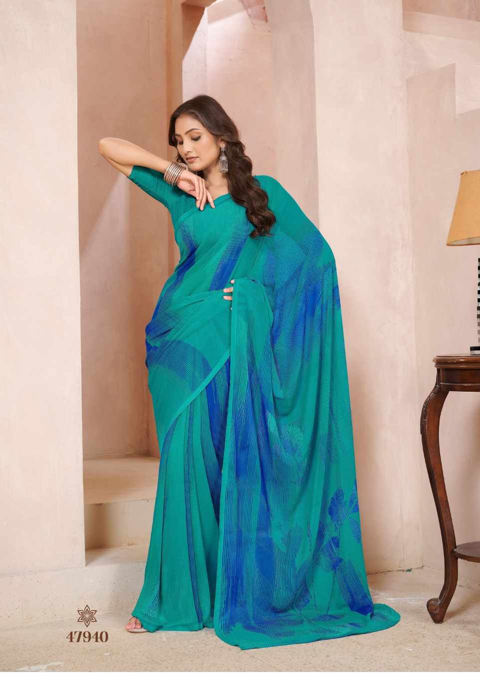 Green and Blue hue Printed Saree