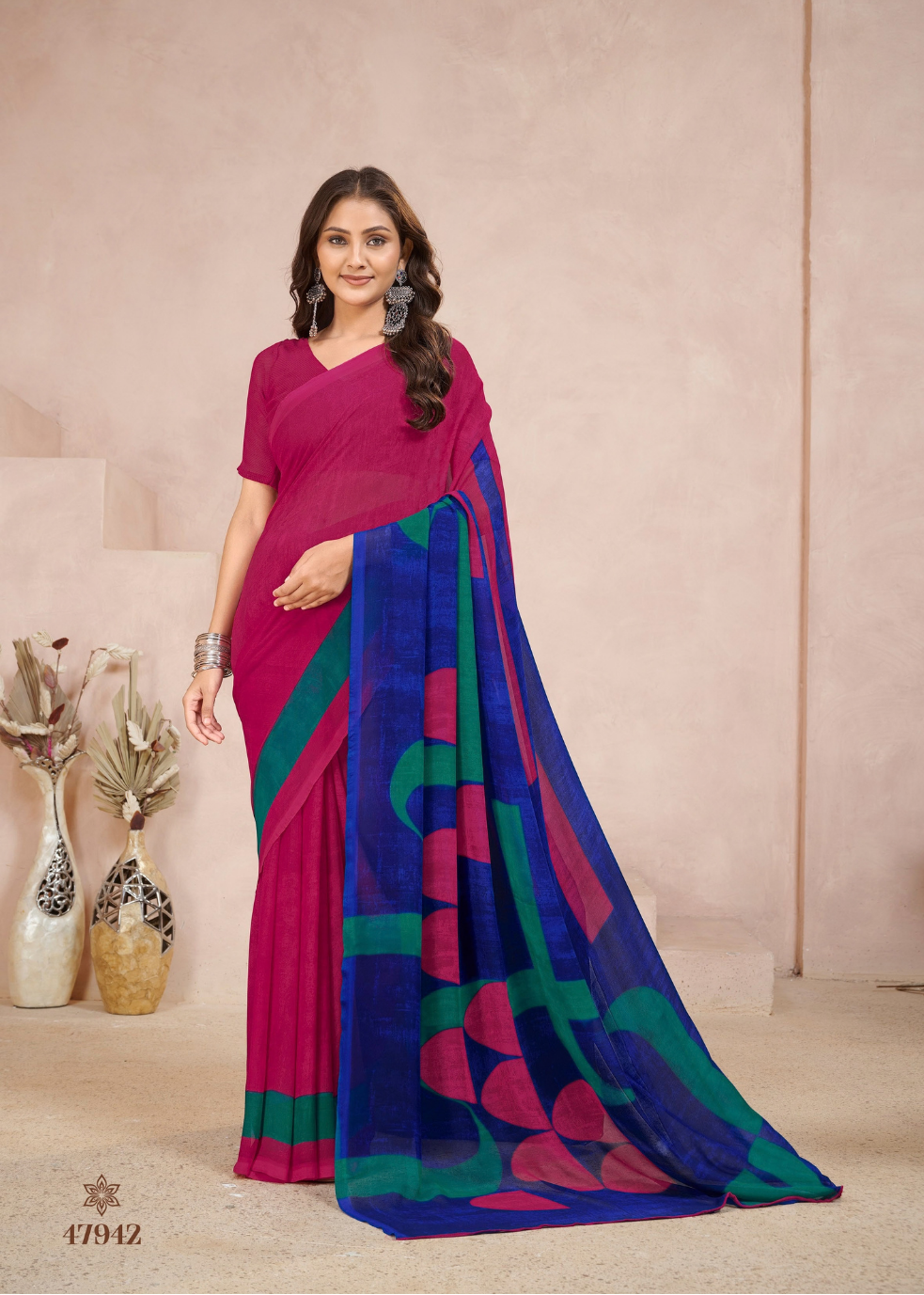 Pink and Blue combinational Printed Saree