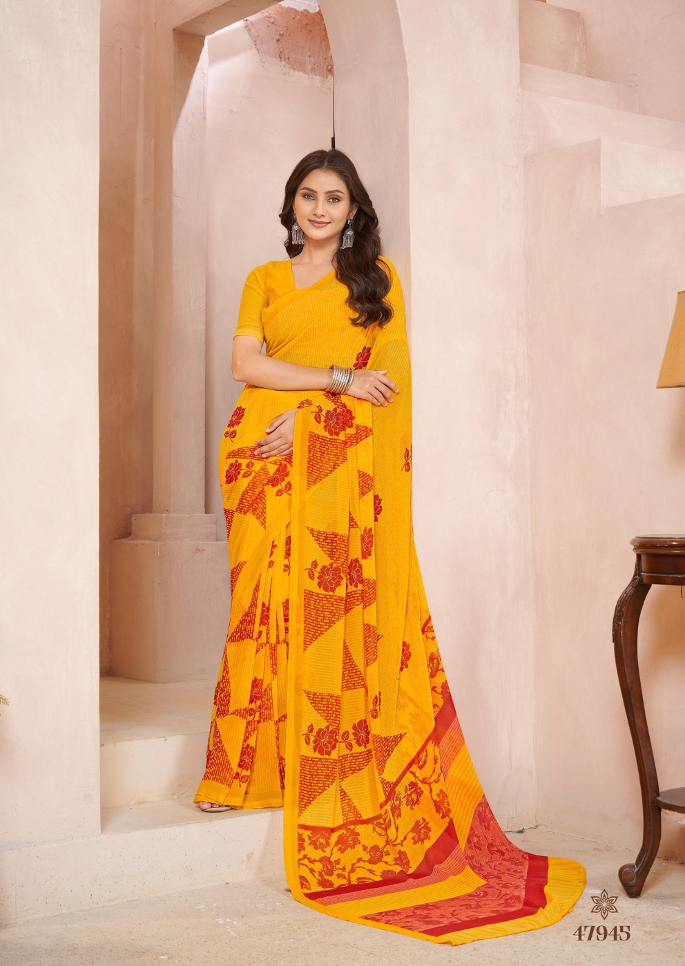 Vibrant Mustard Yellow Georgette Saree