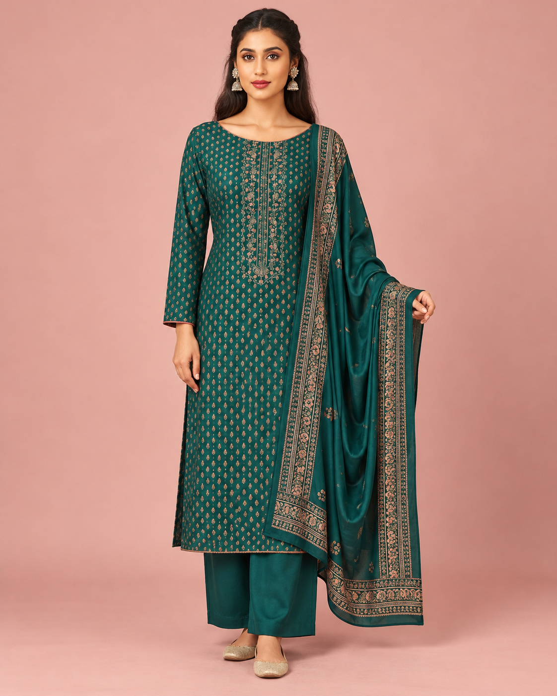 Dark Teal Embroidered Silk Suit Set Main image