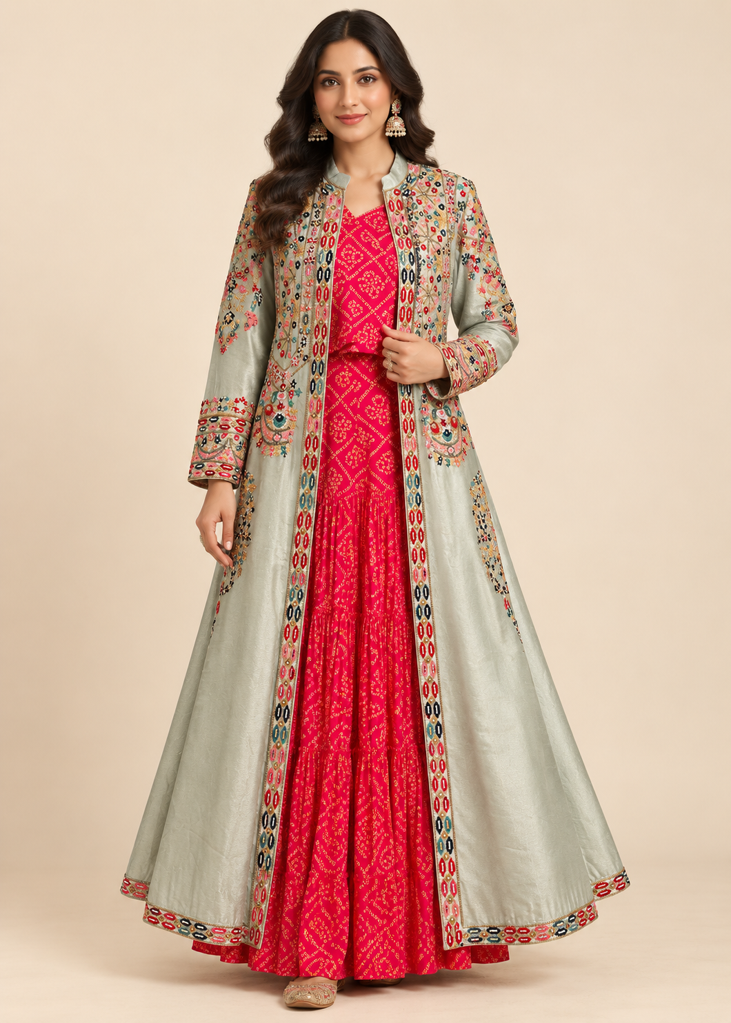Rani Pink Bandhani Gown with Embroidered Silver-Grey Jacket Set Main image