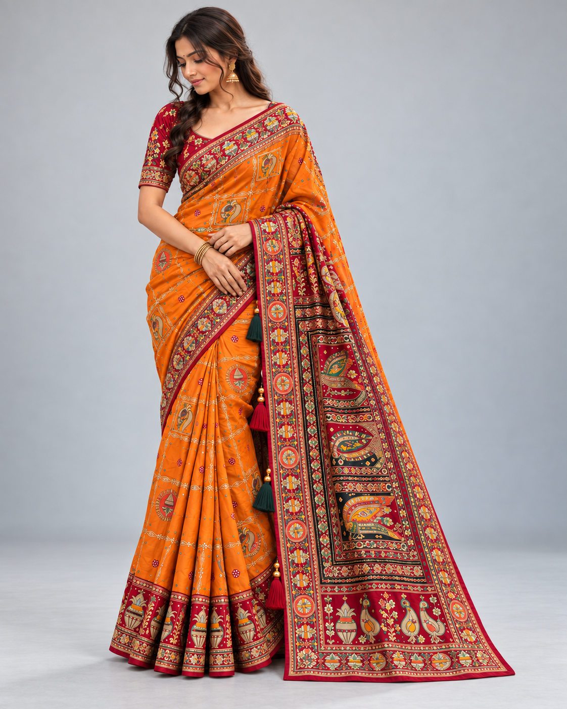 Orange Saree with Traditional Motifs and Maroon Border Main image