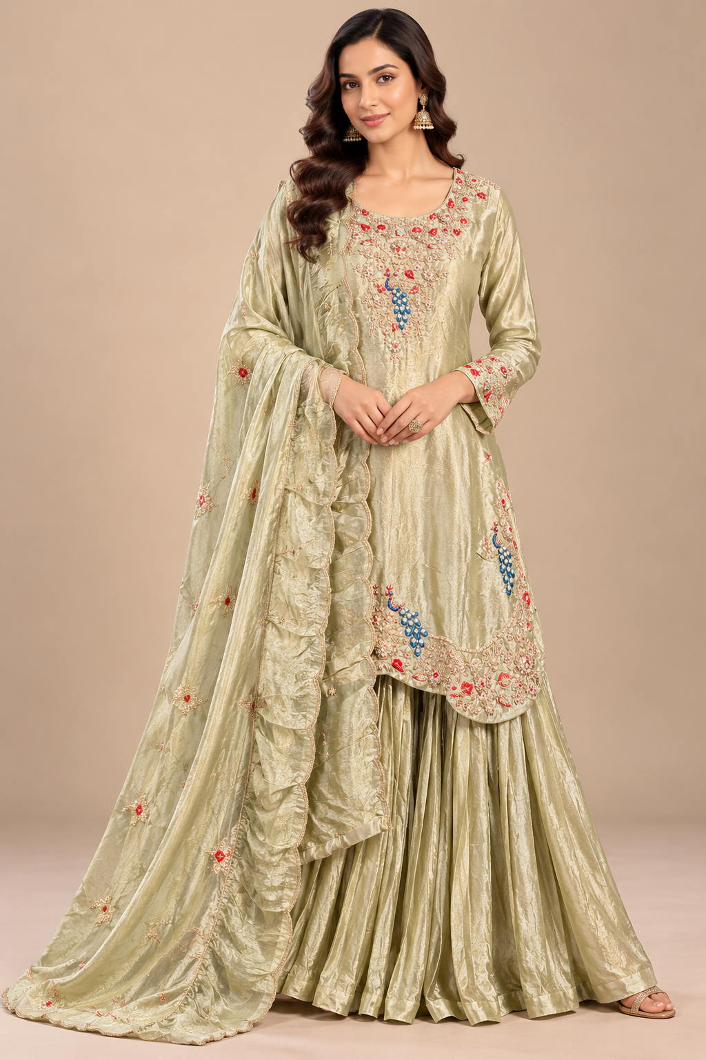 Ethereal Sage Green Hand-Embroidered Sharara Set