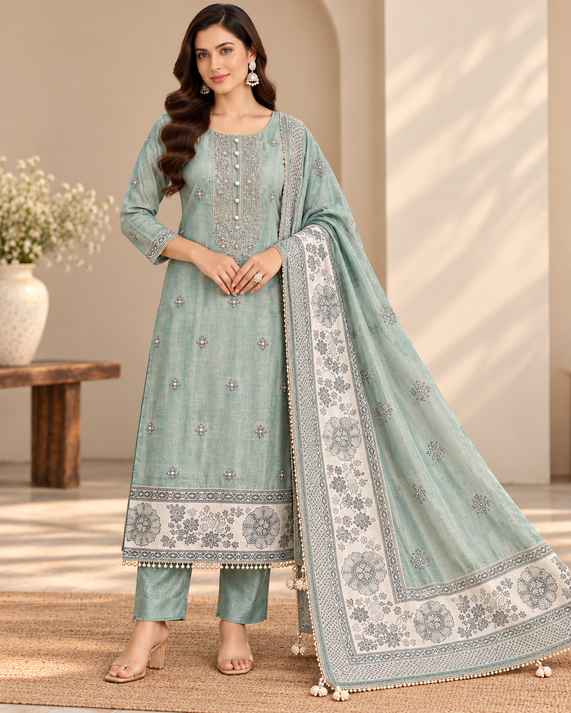 Sage Green Embellished Suit Fabric with Floral Border Dupatta