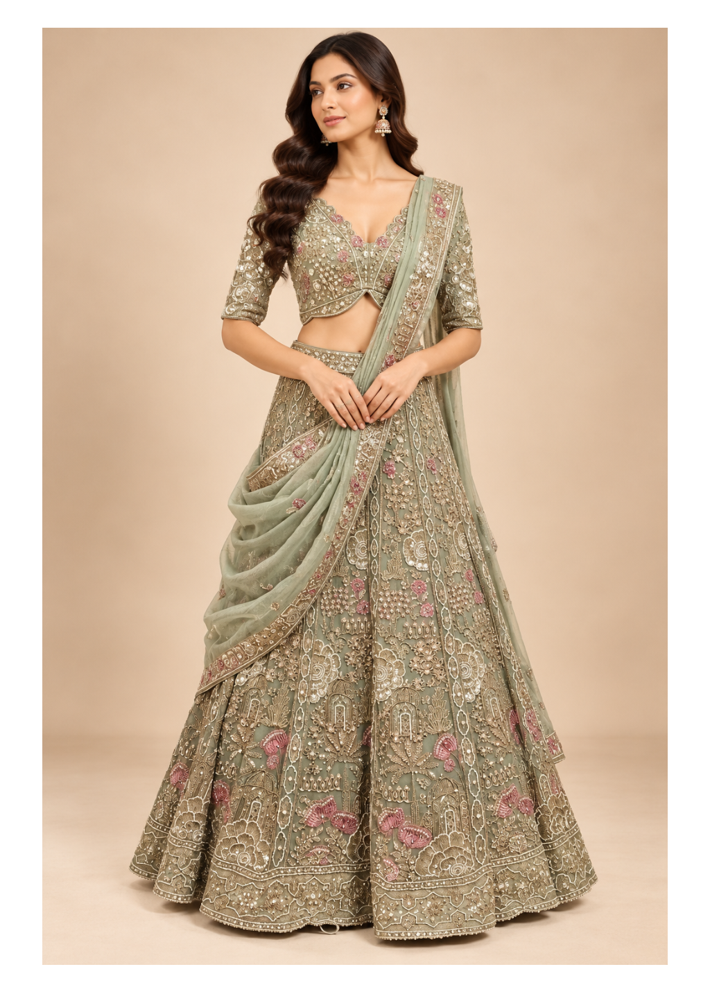 Sage Green Embroidered Designer Bridal Lehenga