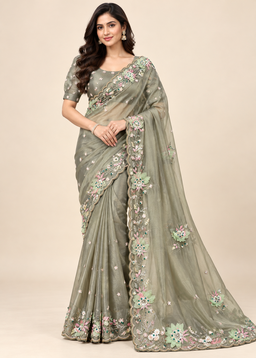 Sage Green Floral Embroidered Saree Set
