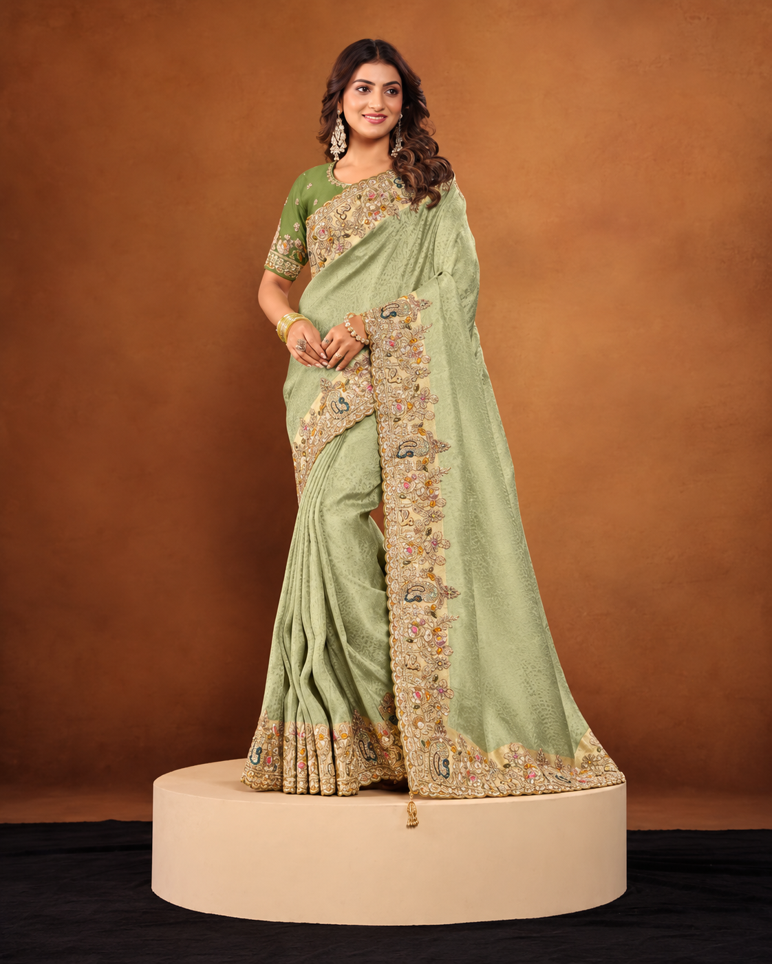 Sage Green Saree with Ornate Paisley Border Main image