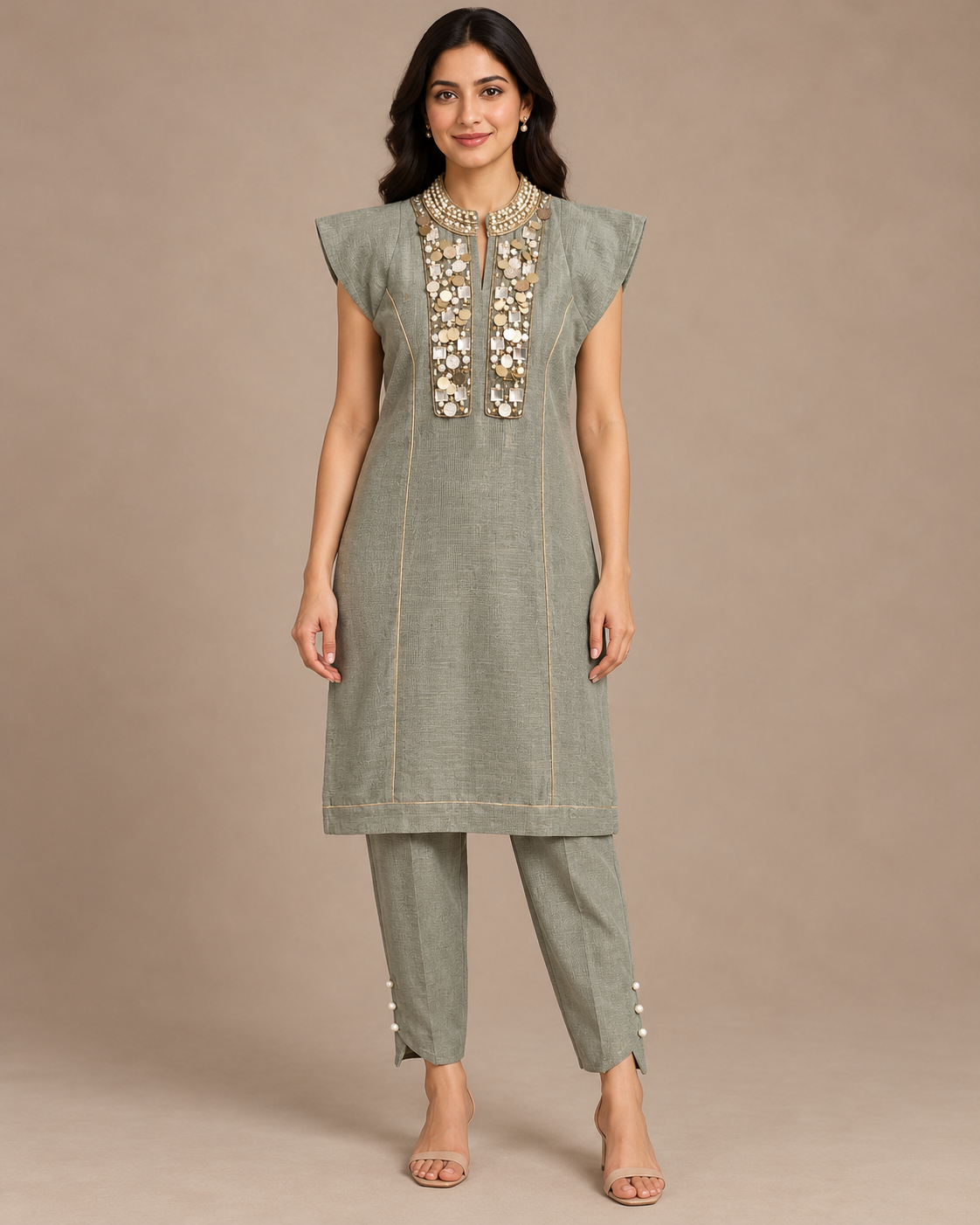 Green Embellished Kurta With Tapered Pants