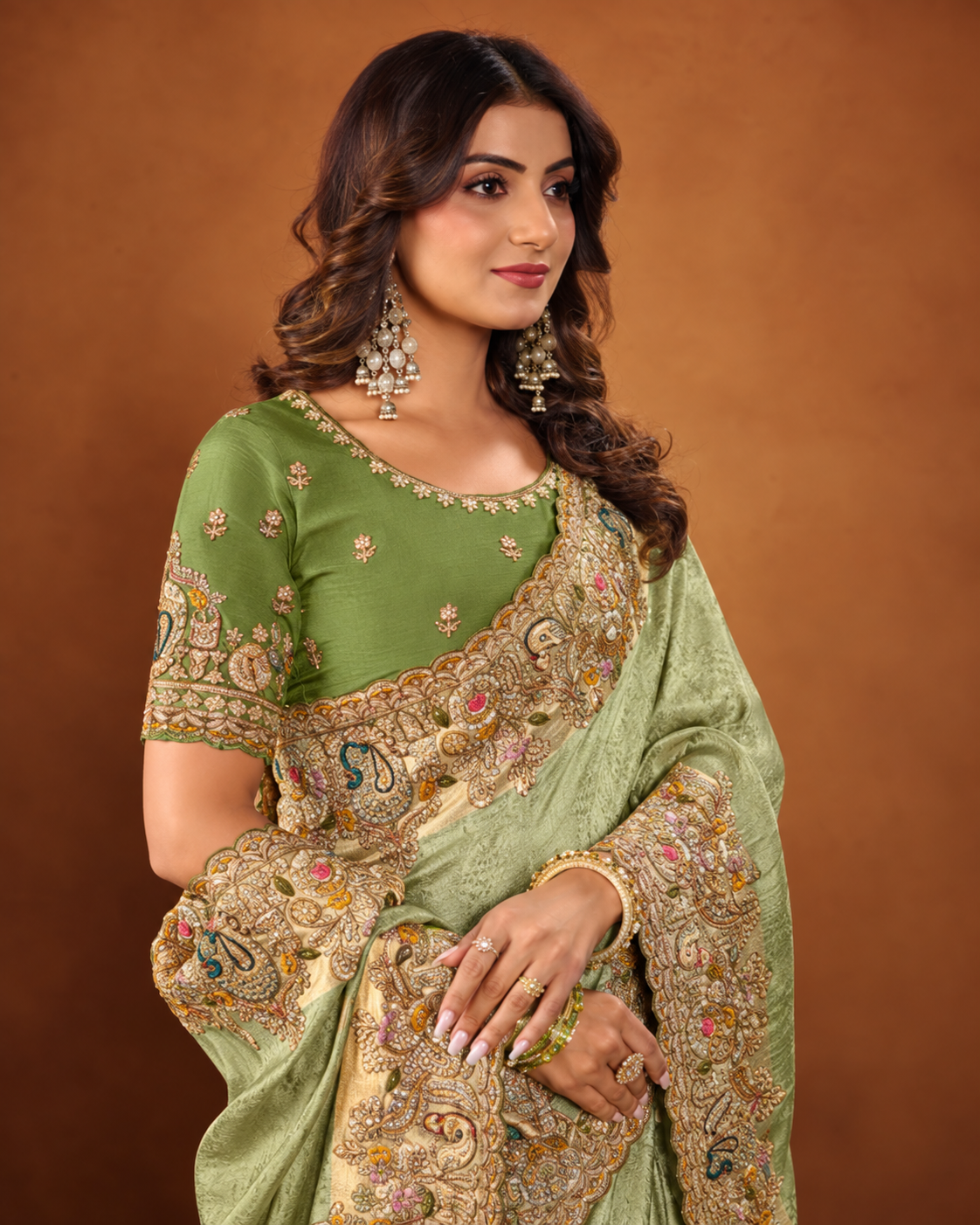 Sage Green Saree with Ornate Paisley Border