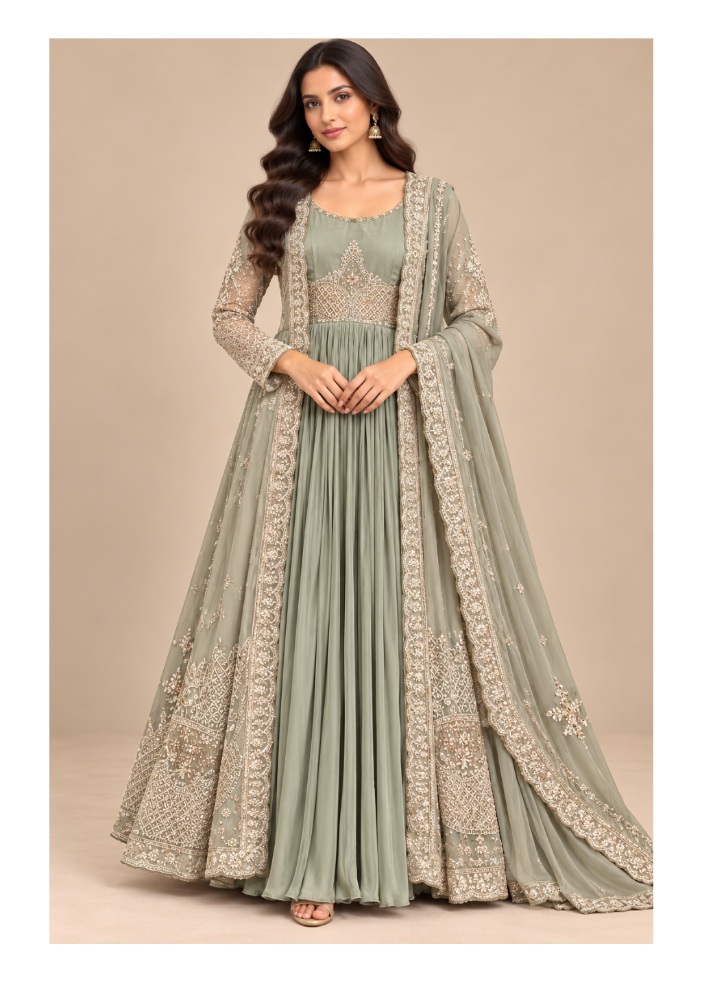 Sage Green Embroidered Anarkali Gown Set