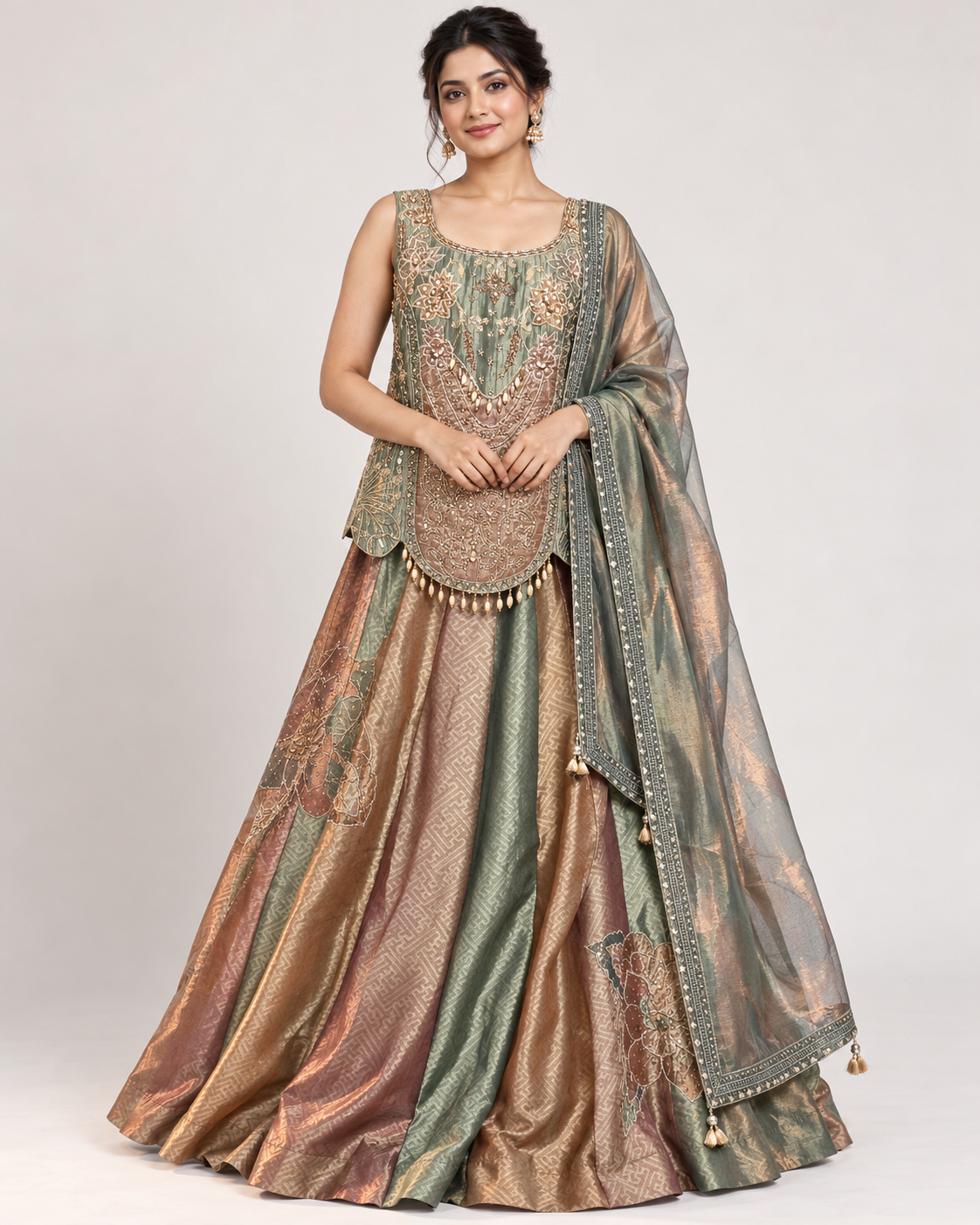 Sage Green and Copper Panelled Lehenga Main image