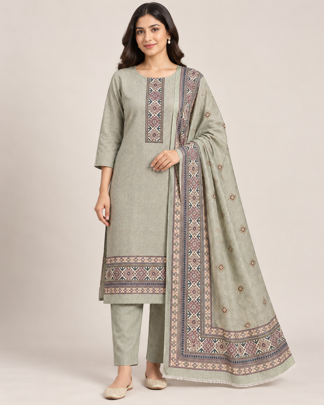 Sage Green Geometric Print Suit with Straight Trousers Main image