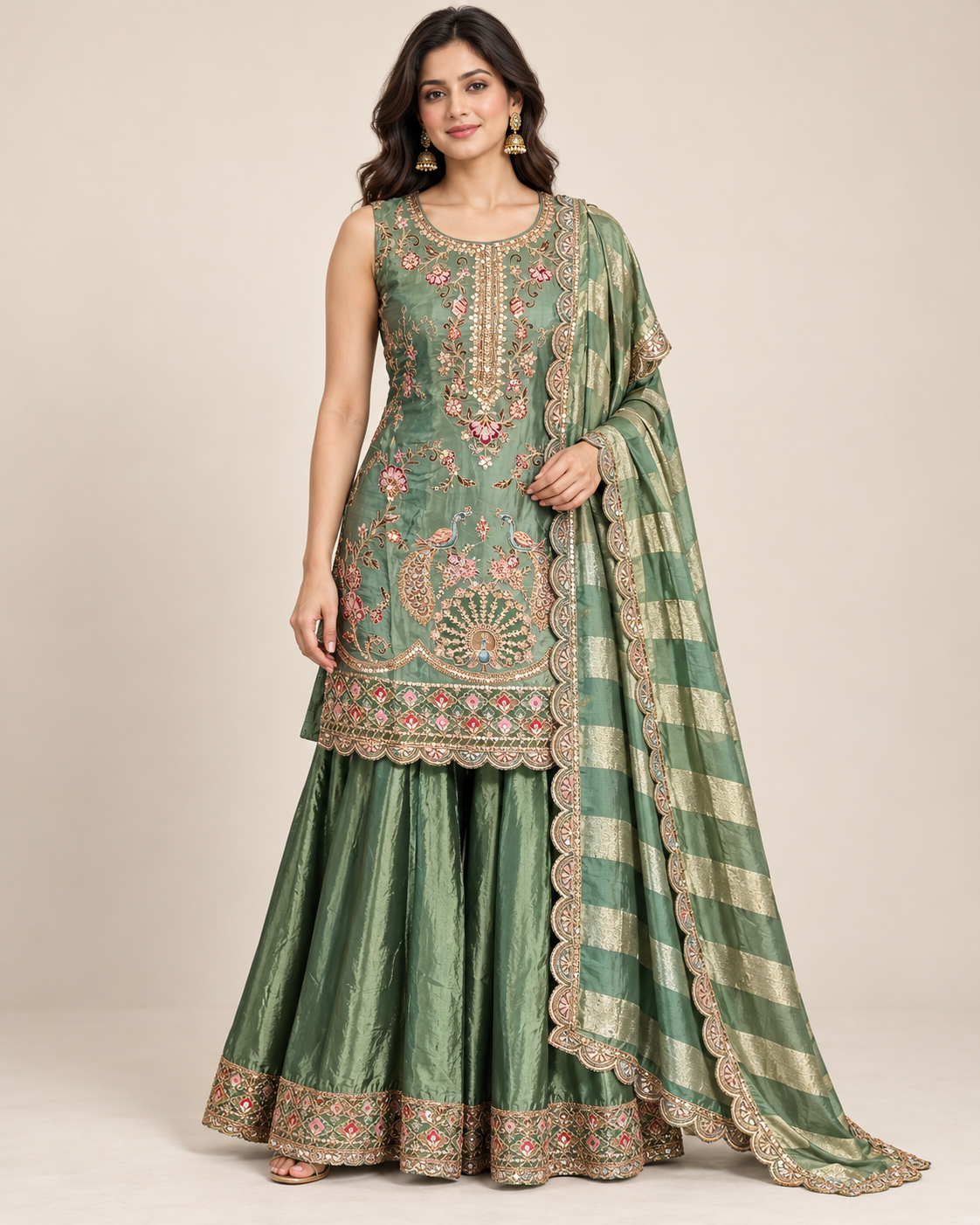 Pista Green Peacock Embroidered Sharara Set