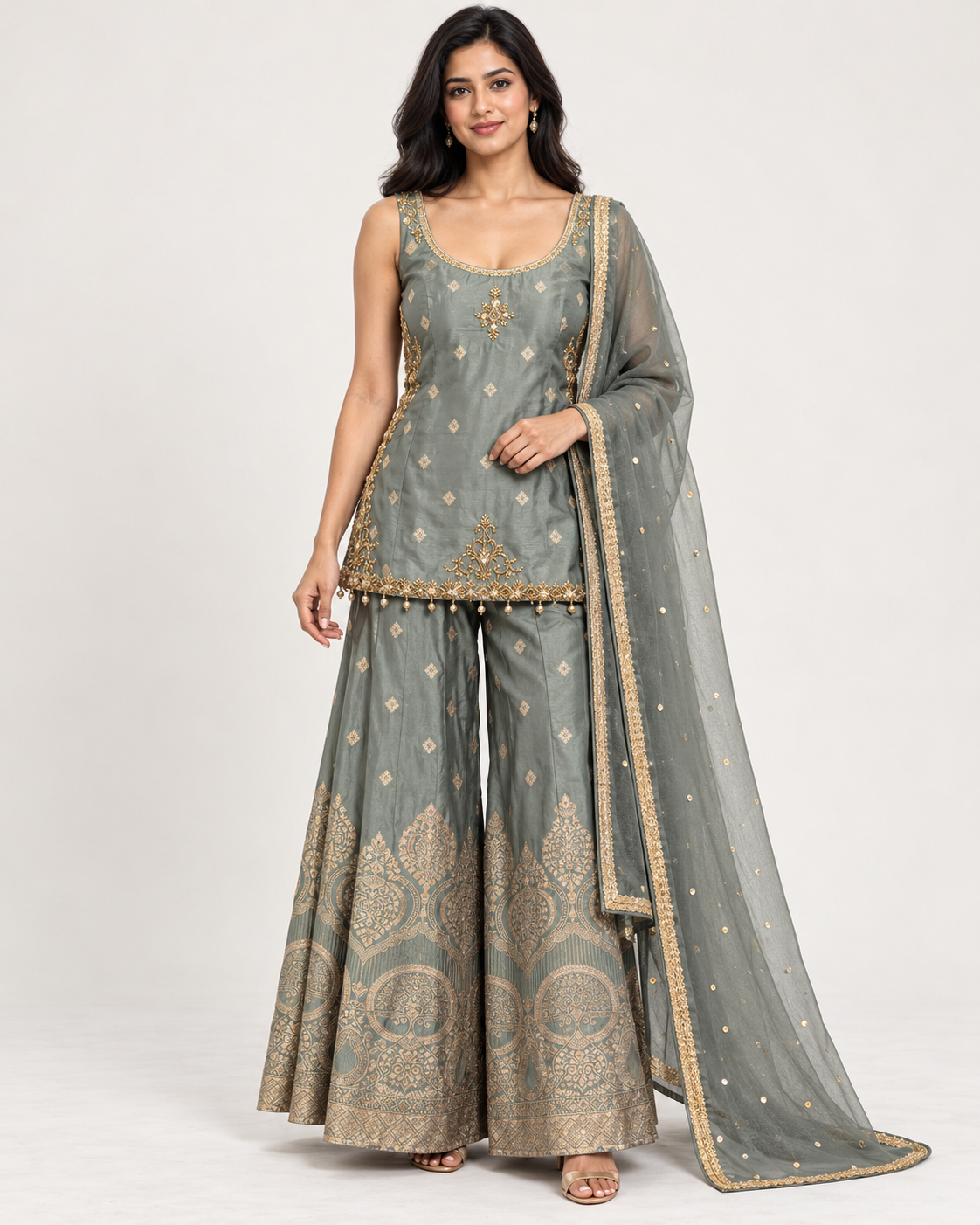 Sage Green Gold Embellished Palazzo Set