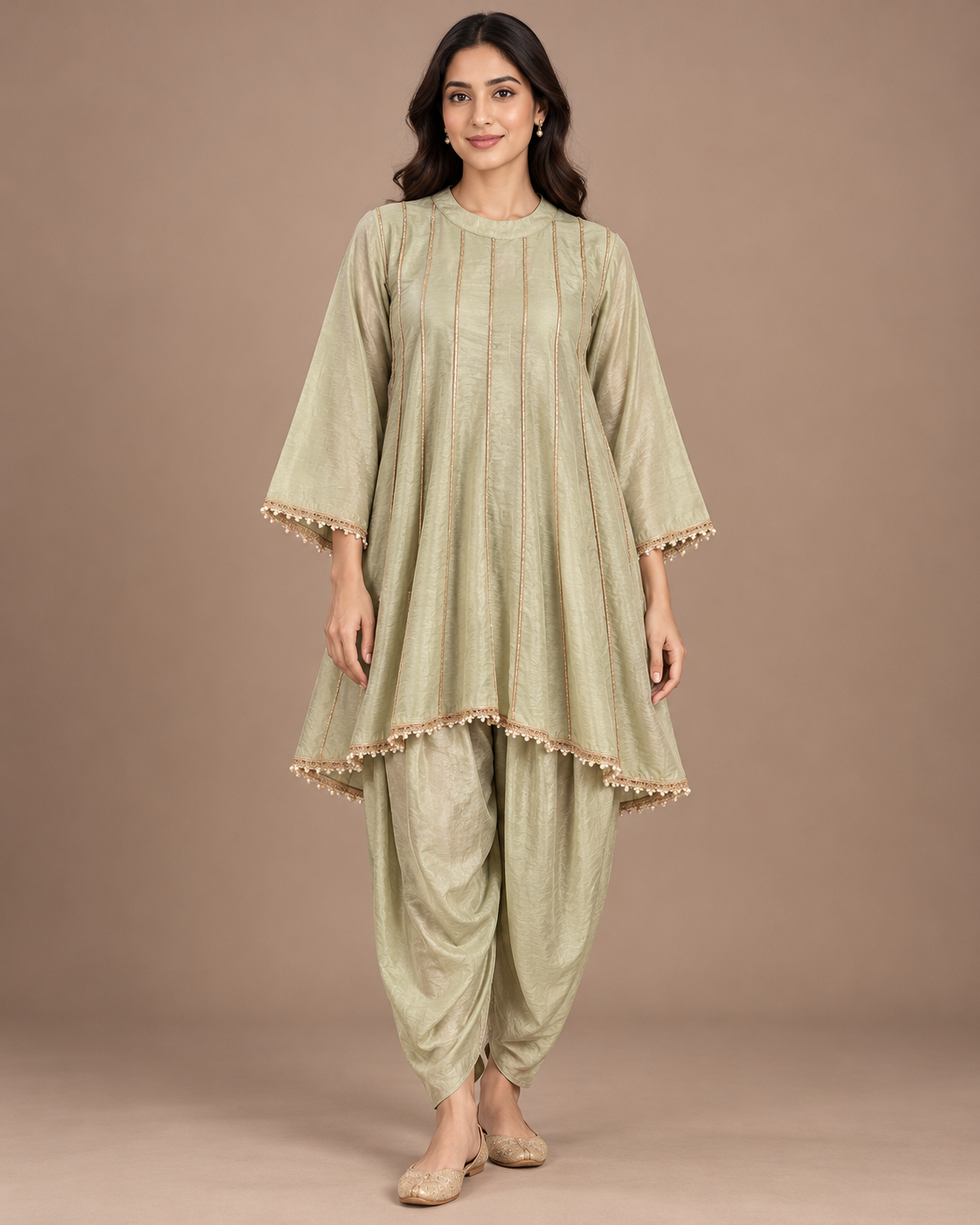 Green Gold Trimmed Tunic Dhoti Set