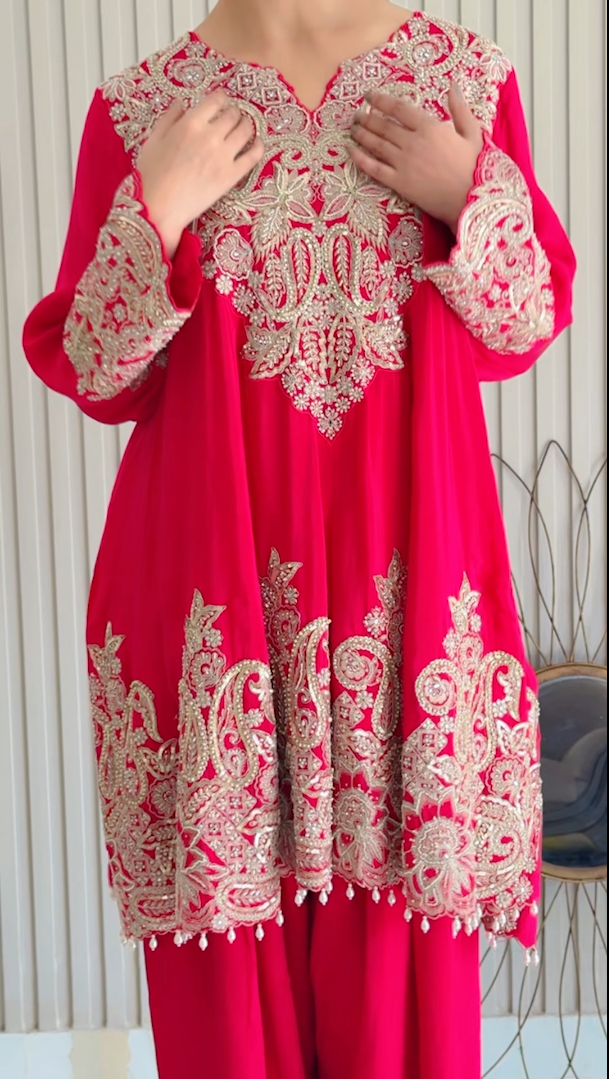 Red Festive Embroidered Kurti and Pant Set (221034 D-65)