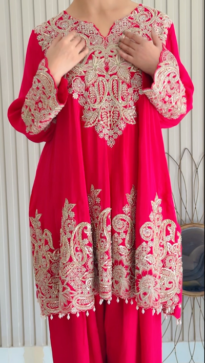 Red Festive Embroidered Kurti and Pant Set (221034 D-65)