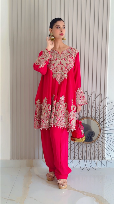 Red Festive Embroidered Kurti and Pant Set (221034 D-65)