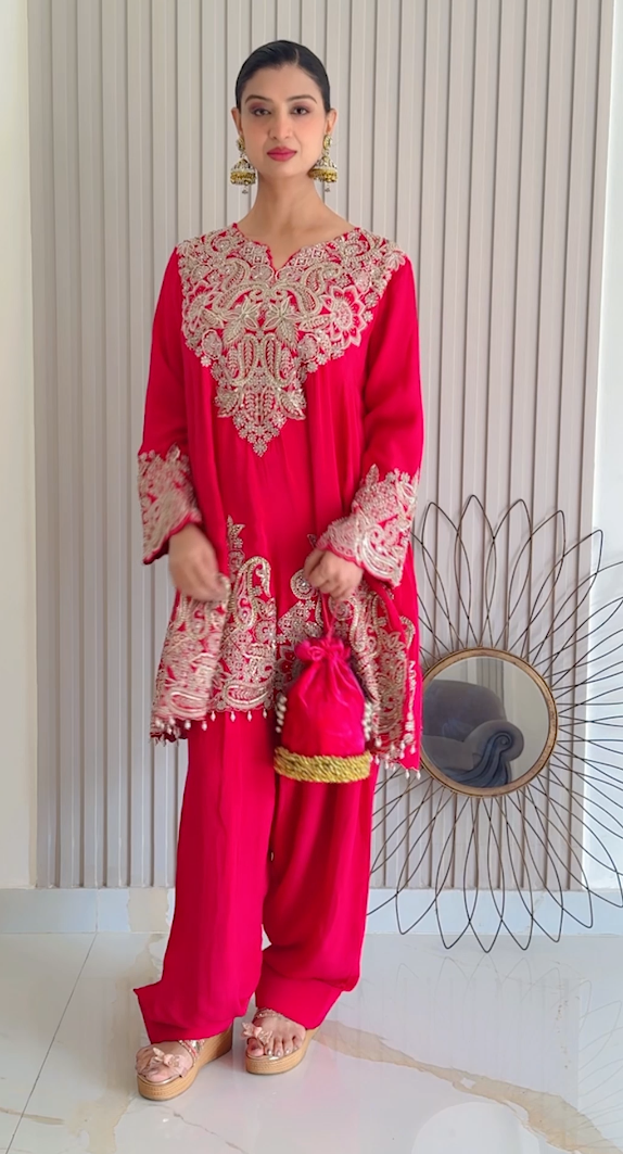 Red Festive Embroidered Kurti and Pant Set (221034 D-65) Main image