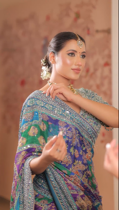 Celestial Peacock Hues Luxury Saree with Mirror Work Blouse (CCRS-25-68 D-32)