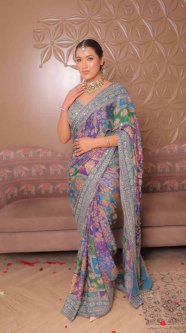 Celestial Peacock Hues Luxury Saree with Mirror Work Blouse (CCRS-25-68 D-32) Main image