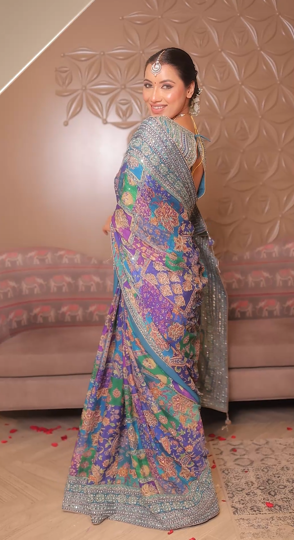 Celestial Peacock Hues Luxury Saree with Mirror Work Blouse (CCRS-25-68 D-32)