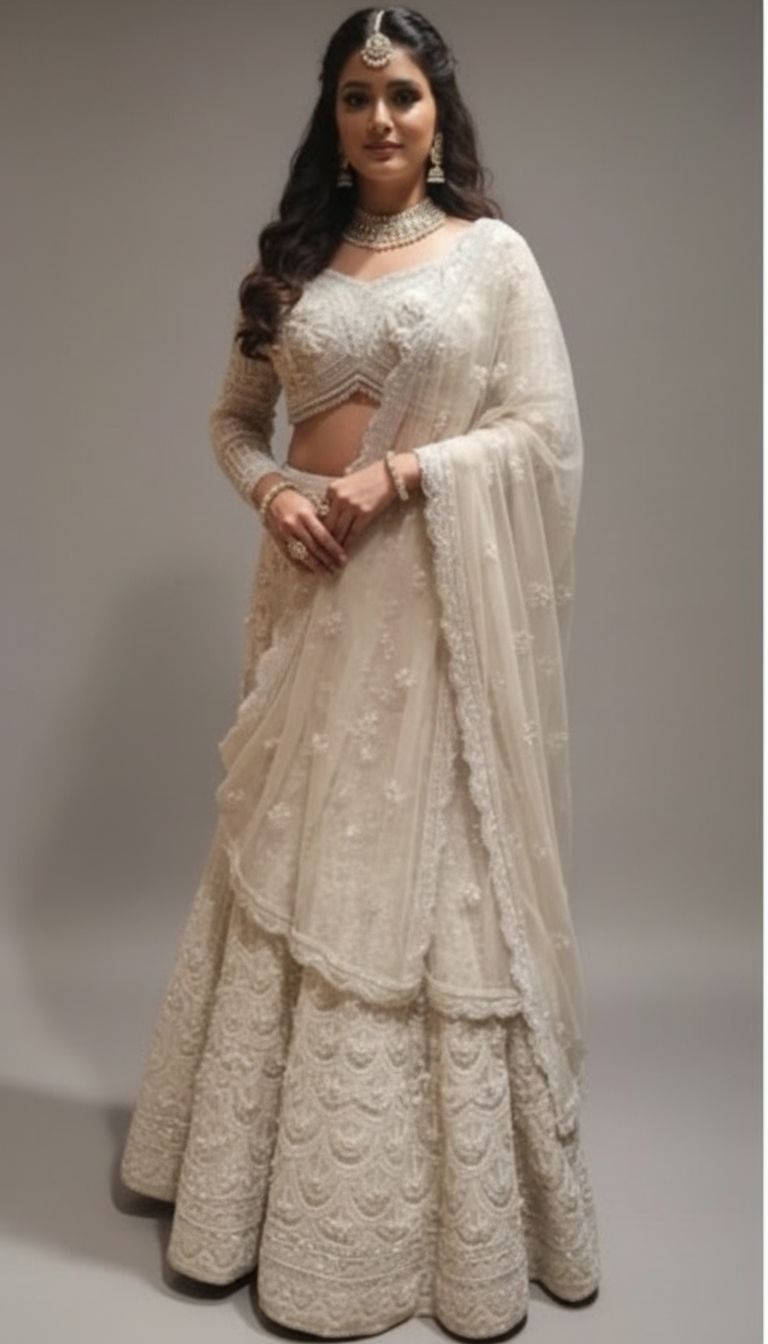 Ivory and White Layered Embroidered Lehenga  (1450 M-146)