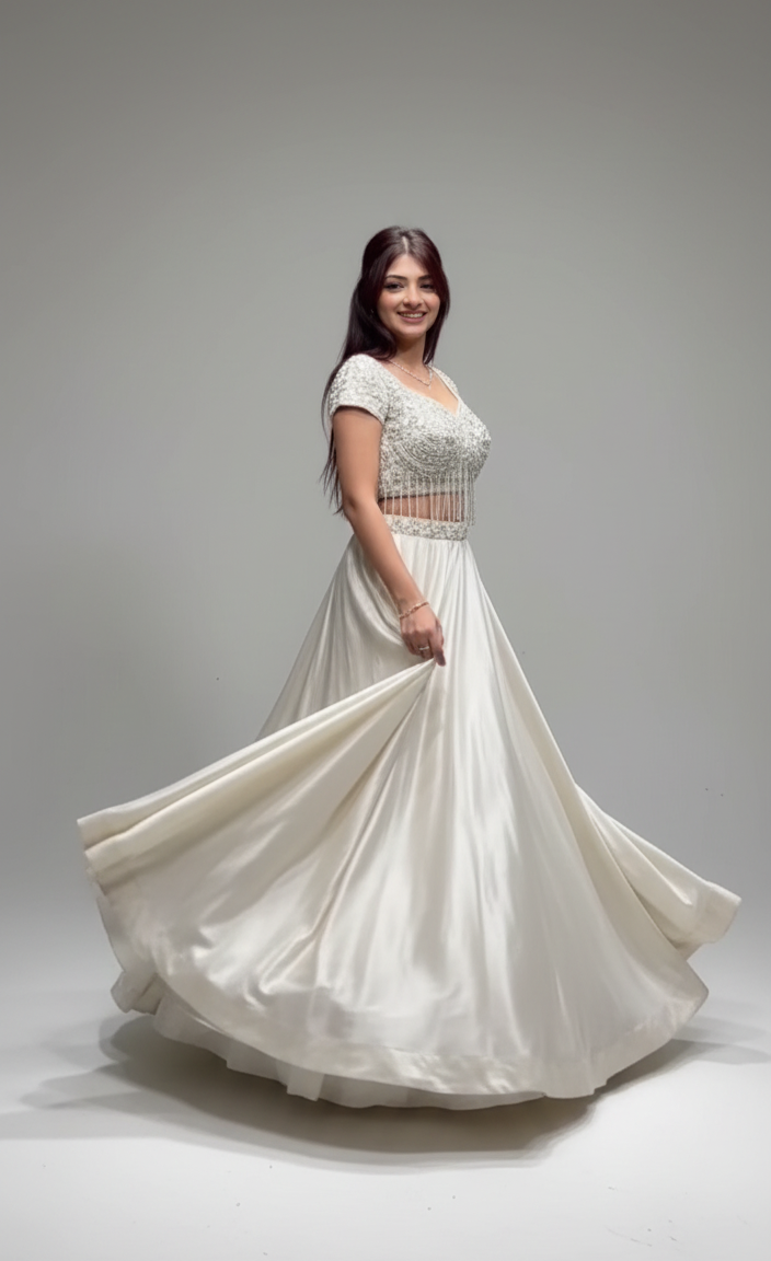 Ivory Fairytail Skirt with Crystal Fringe Blouse Lehenga Main image