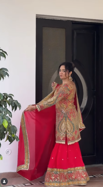 Red Chilly and Gold Heavily Embroidered Sharara Suit (KJ-3156 D-45)