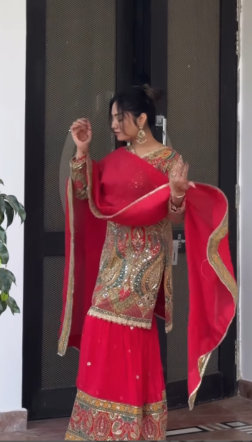 Red Chilly and Gold Heavily Embroidered Sharara Suit (KJ-3156 D-45)