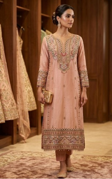 Peach Silk Straight-Fit Suit Set Main image