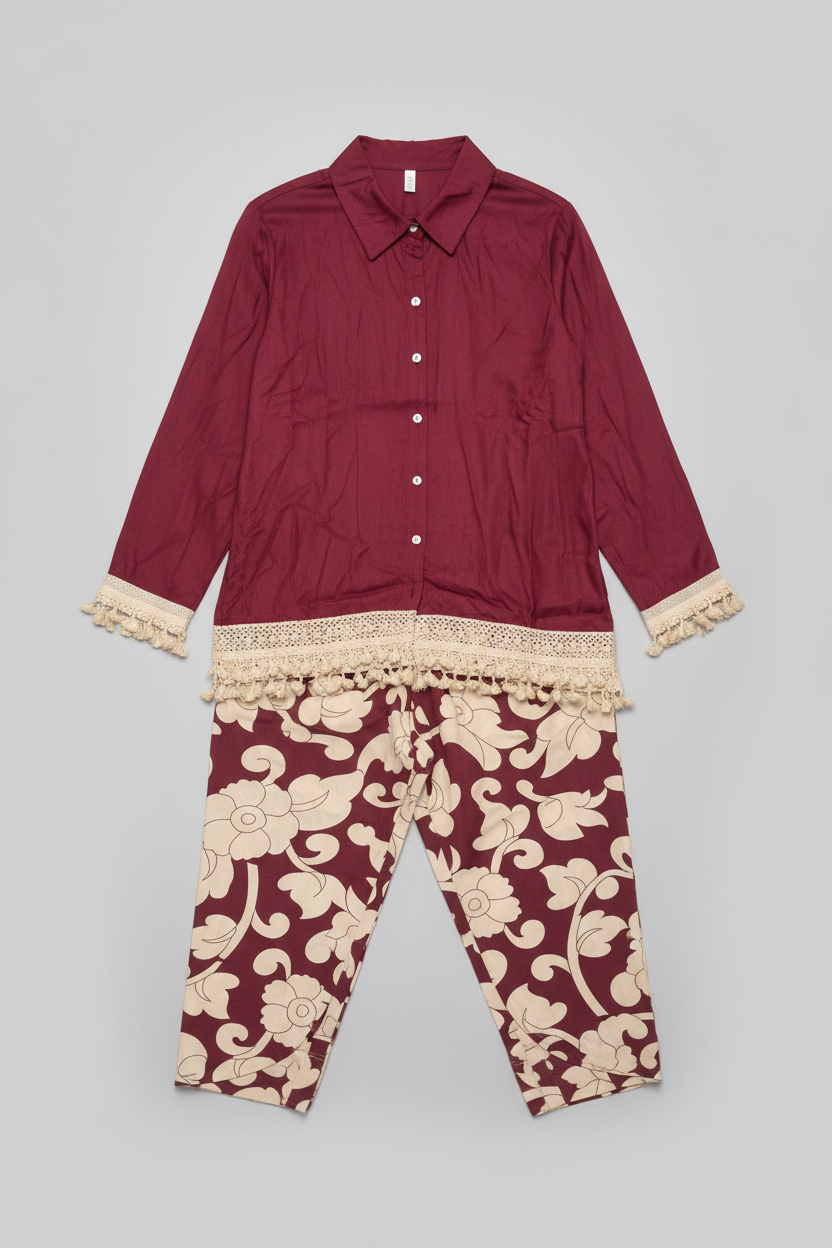 Tassel-Detail Shirt &amp; Floral Palazzo Co-ord Set