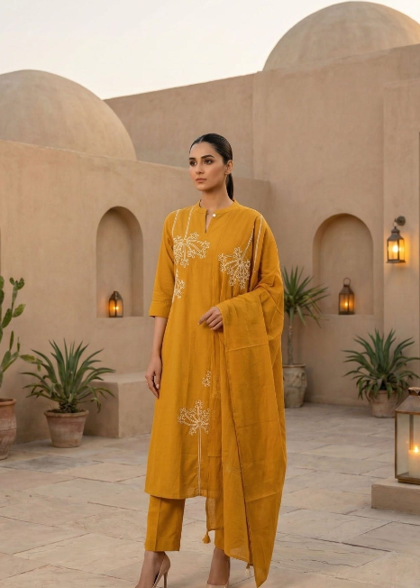 Mustard Cotton Linen Kurta Set Main image