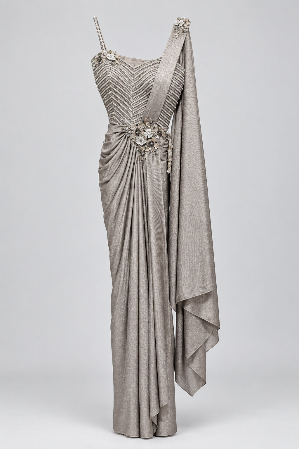 Metallic Champagne Sculpted Drape Saree