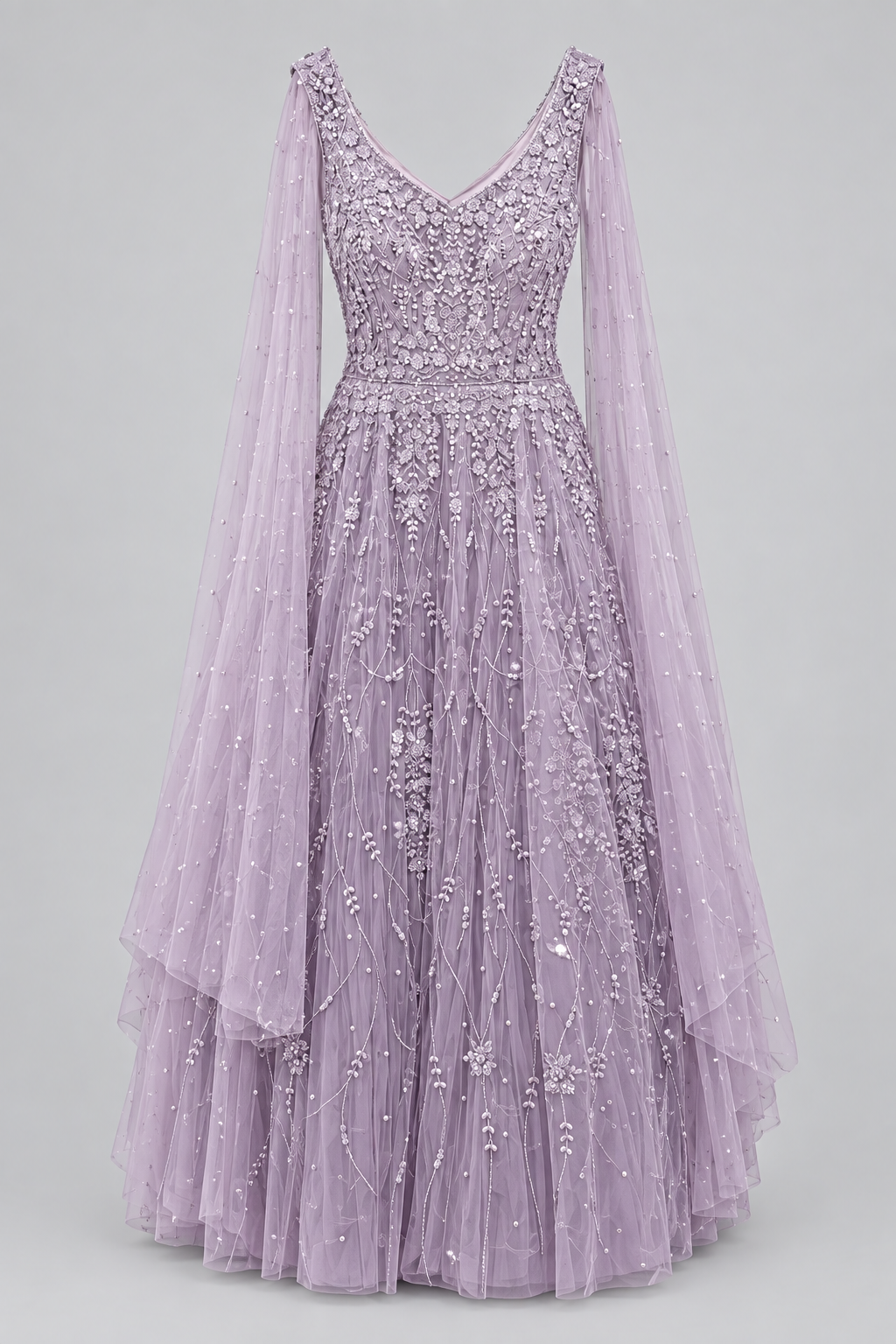 Lavender Whisper Cape-Sleeve Gown