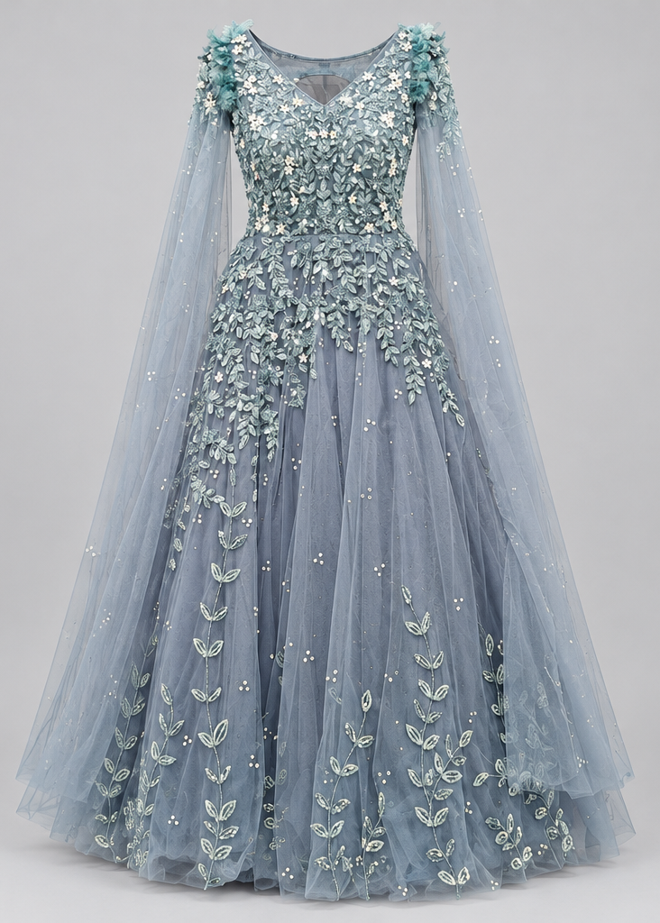 Dusty Azure Feather-Accent Cape Gown Secondary image
